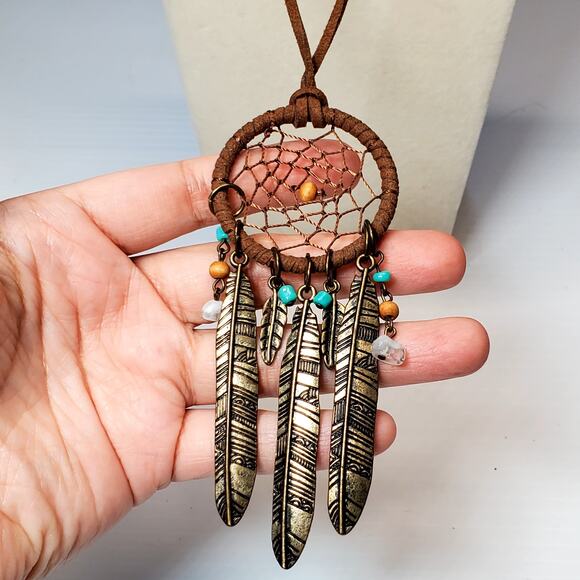 Feather Charm Dangle Dream Catcher Pendant Extra Long Boho Necklace 34" - Picture 3 of 5
